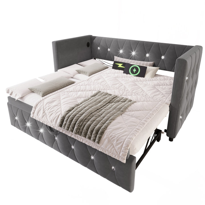 Grey velvet single upholstered guest day bed diamond design with trundle, USB charging STEKZEL GREY UK