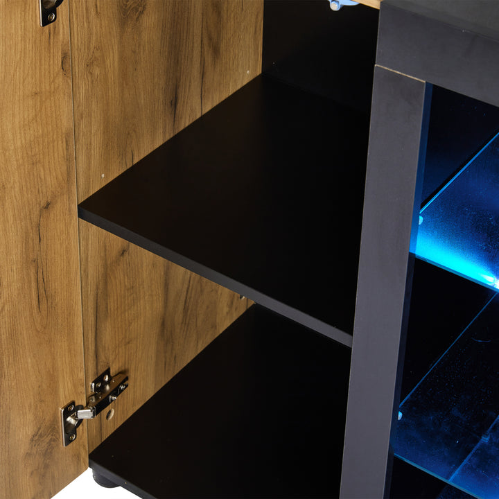 Wooden and Black Sideboard Cabinet with 3 Drawers, Glass Shelves and LED Lights 140 cm TRISHELF