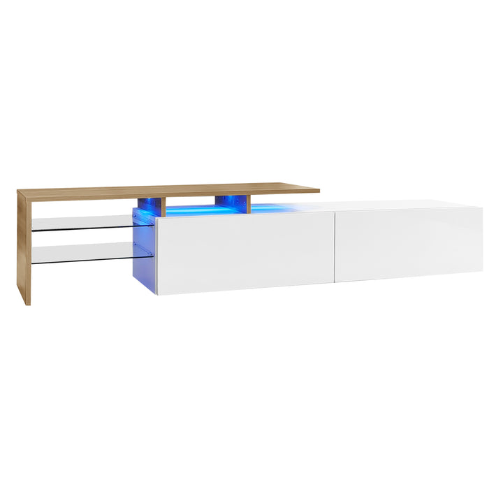 White hihg-gloss TV cabinet storage space, wood look, glass shelves, LED lighting MOLD