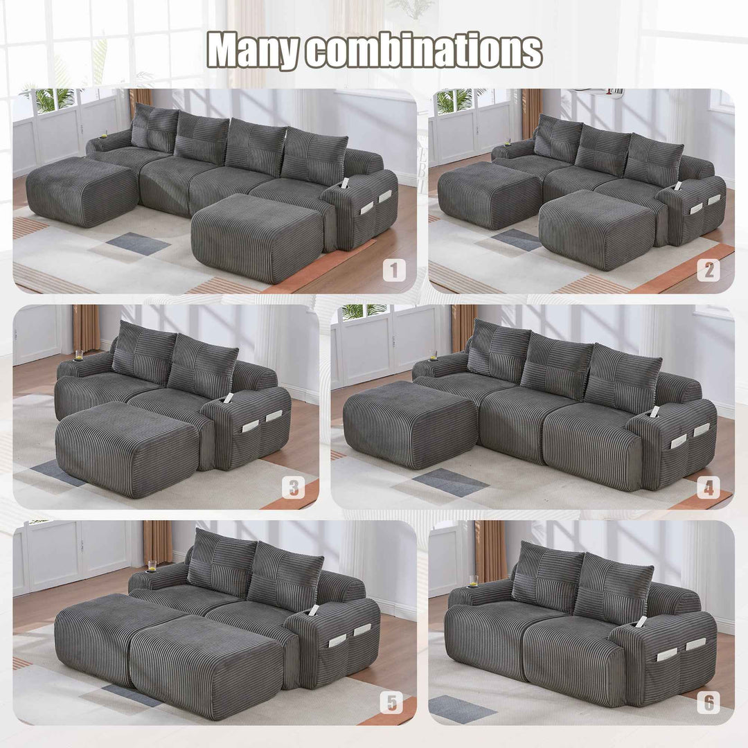 Modular 2-Seater Corduroy Sofa Set Dark Grey, Flexible Layout, Cup Holders, Side Storage, Space-Saving for Living Room