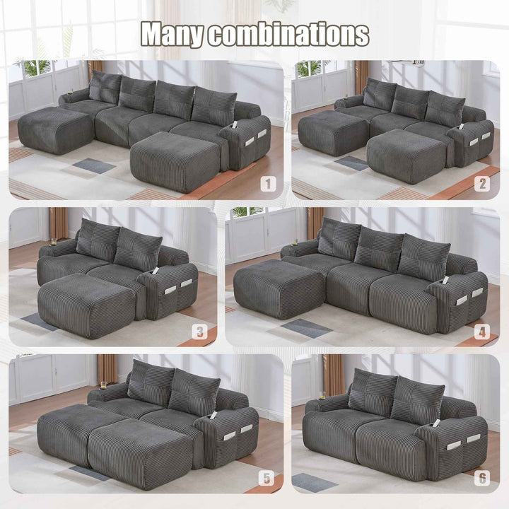 Modular 2-Seater Corduroy Sofa Set Dark Grey, Flexible Layout, Cup Holders, Side Storage, Space-Saving for Living Room