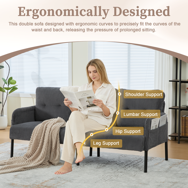 00+Oversized Loveseat Sofa, Corduroy Upholstered Double-Seater, Charcoal Grey for Living Room NOVALA