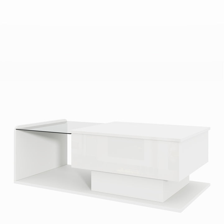 White high-gloss rectangular coffee table and LED lighting with glass top LUNG