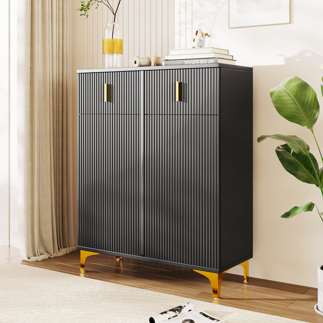 Black shoe cabinet with textured design and golden legs CEDARGLADE UK