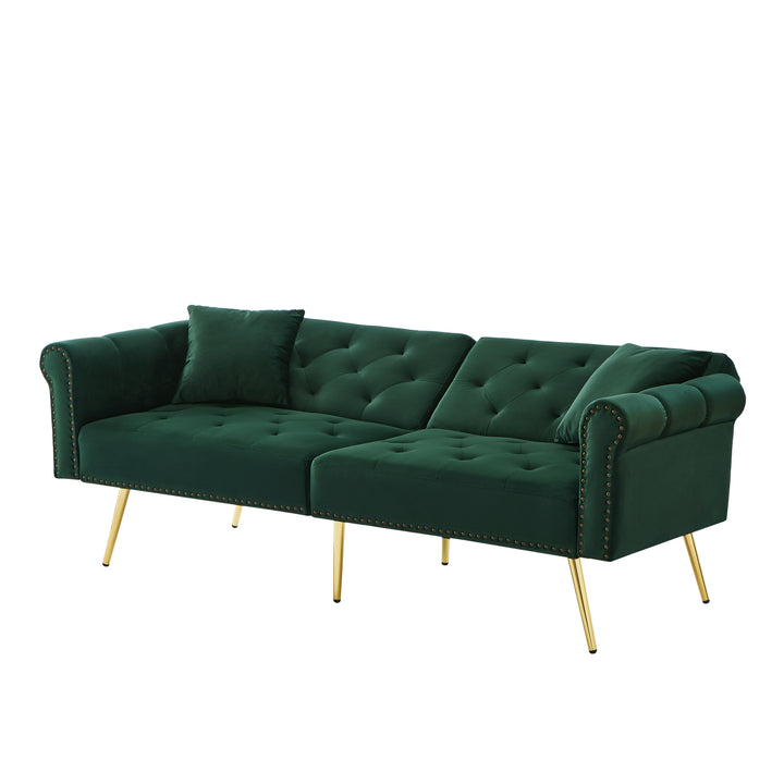 Green velvet 2-seater sofa bed with adjustable backrest and gold legs CAKDERA