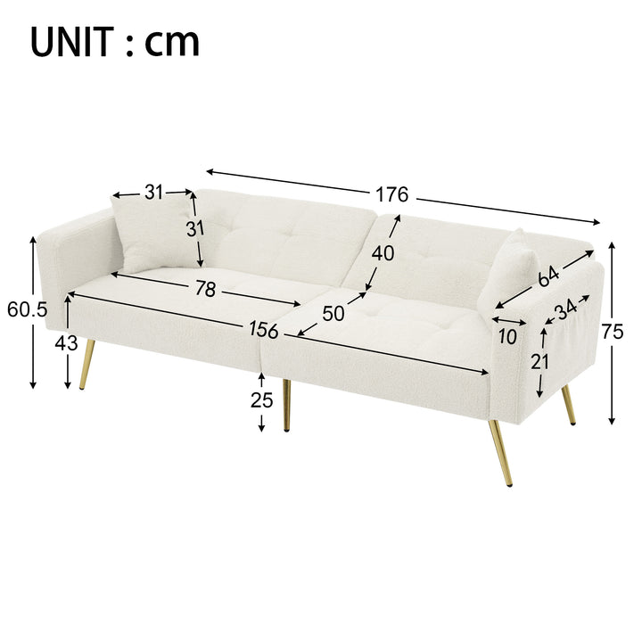 Ivory white sherpa 3-seater clic-clac sofa bed, adjustable backrest & side pocket ALDEN WHITE UK