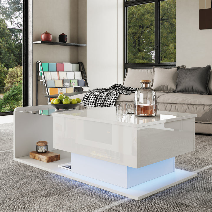 White high-gloss rectangular coffee table and LED lighting with glass top LUNG