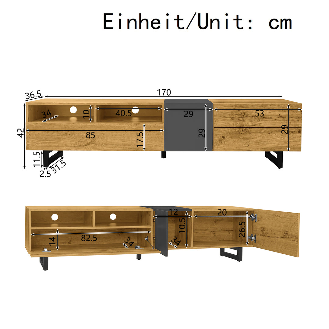 Colorblock TV cabinet retro wood grain compartments, U-shaped metal legs RESPIRATO