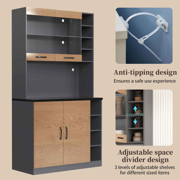 00+Kitchen Tall Cabinet with LED Lighting, Adjustable Shelves, Large Pantry Storage for Microwave VERTEXMORN