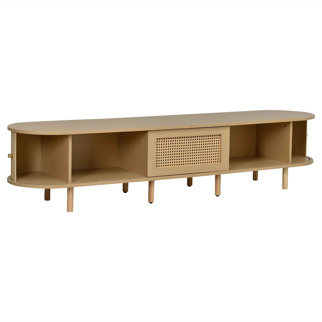 TV stand light wood 1 rattan drawer & 2 sliding doors, rounded corners 180cm