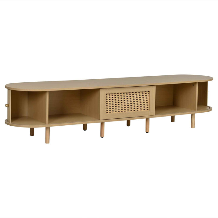 TV stand light wood 1 rattan drawer & 2 sliding doors, rounded corners 180cm