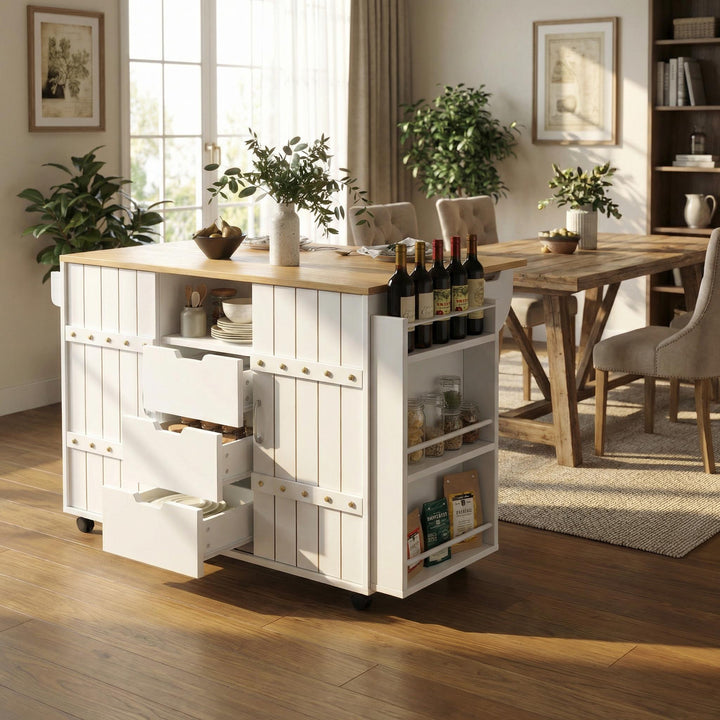 White wooden kitchen island trolley with sliding doors and fold-out worktop ASCENDAL