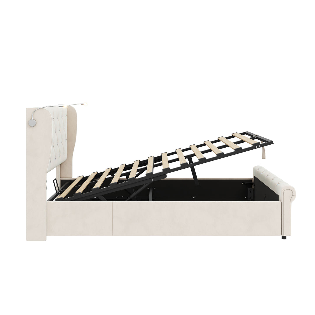 Beige velvet tufted upholstered ottoman double bed end opening (135x190cm) RADIOLARI