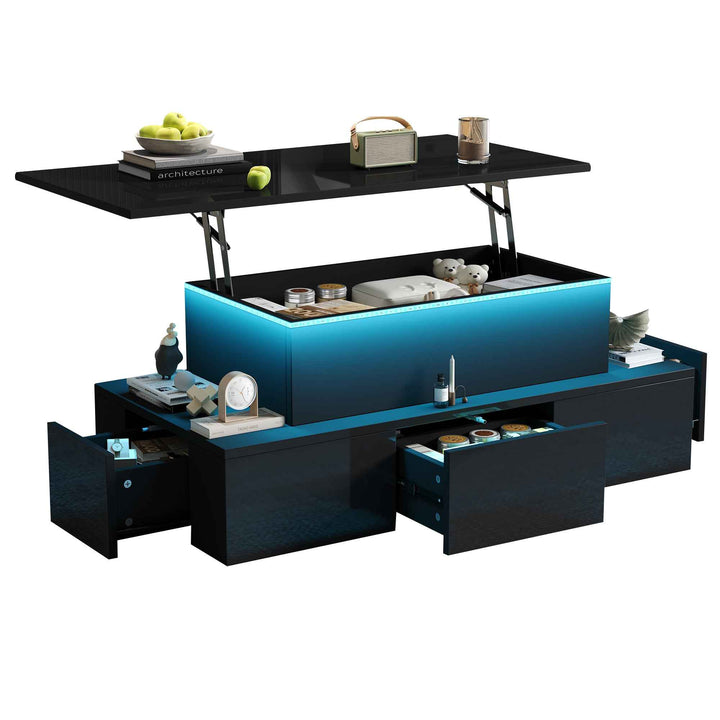 Lift top black high gloss coffee table with 4 drawers and LED lighting INFINITECASCADEE