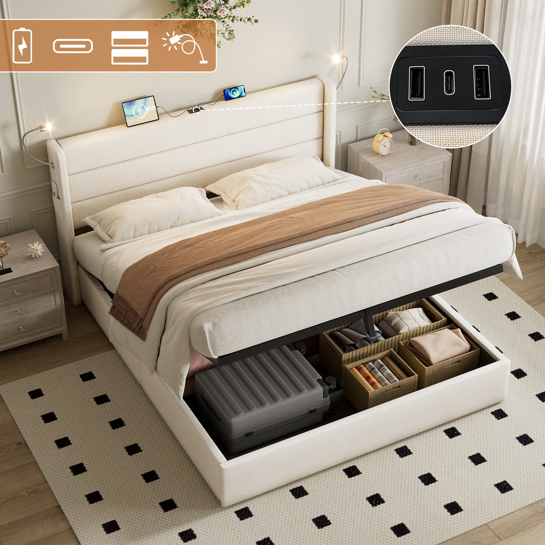 Beige linen upholstered king size divan bed with storage, lampe and charging station 150x200cm GRANULE UK