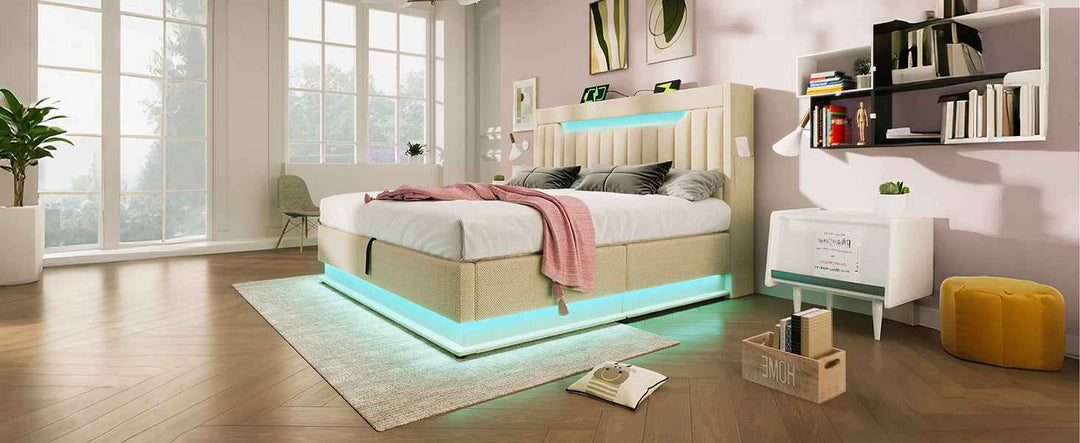 Double Bed Frame 135x190cm Linen Beige with LED Lighting, USB Type-C Charging, Storage Headboard, Hydraulic Lift, Metal Slats, No Mattress