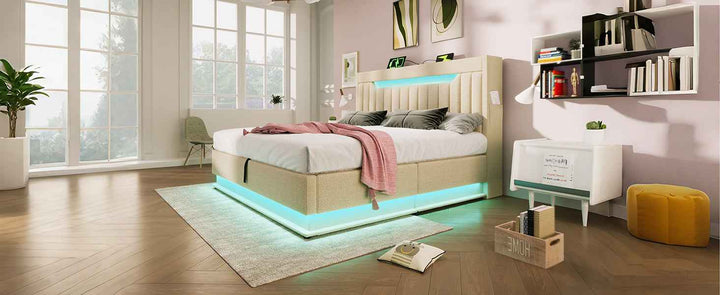 Double Bed Frame 135x190cm Linen Beige with LED Lighting, USB Type-C Charging, Storage Headboard, Hydraulic Lift, Metal Slats, No Mattress