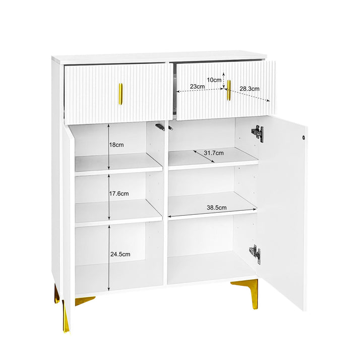 White shoe cabinet with textured panels and golden legs FERNCREST UK