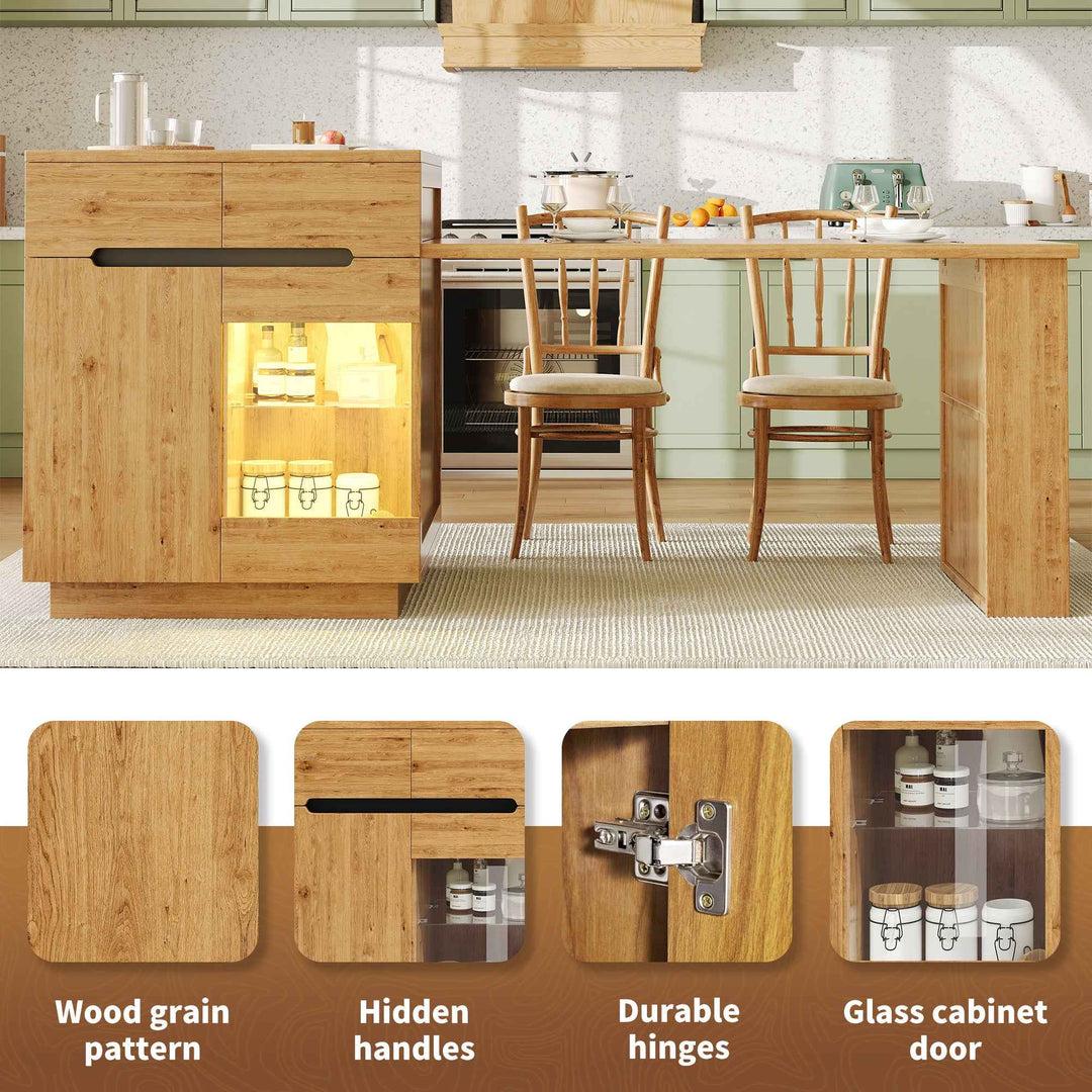 Kitchen island with extendable table, oak effect, LED glass door, 2 drawers INFINITECASC
