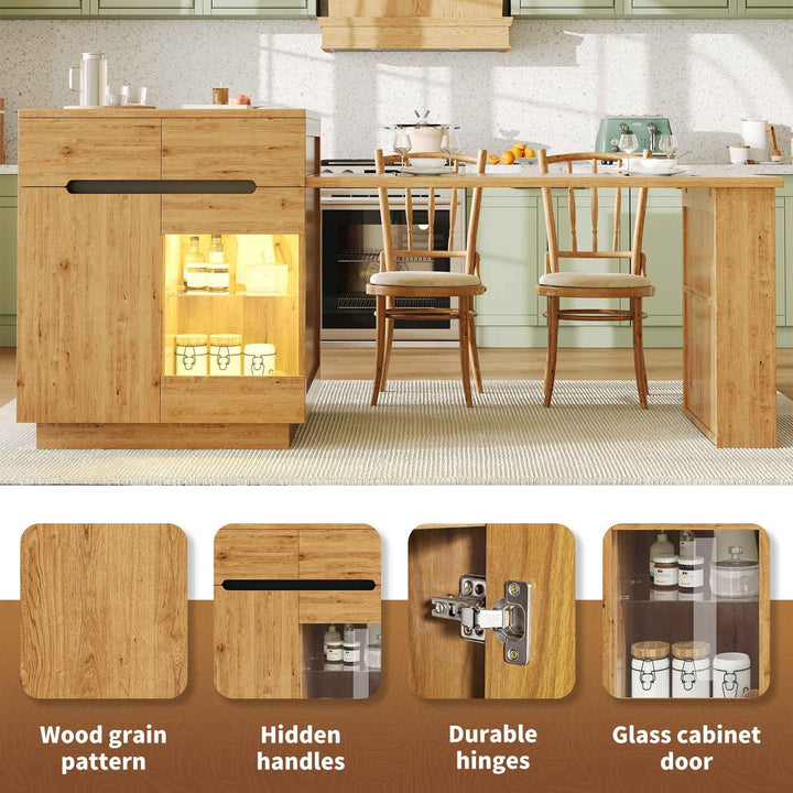 Kitchen island with extendable table, oak effect, LED glass door, 2 drawers INFINITECASC