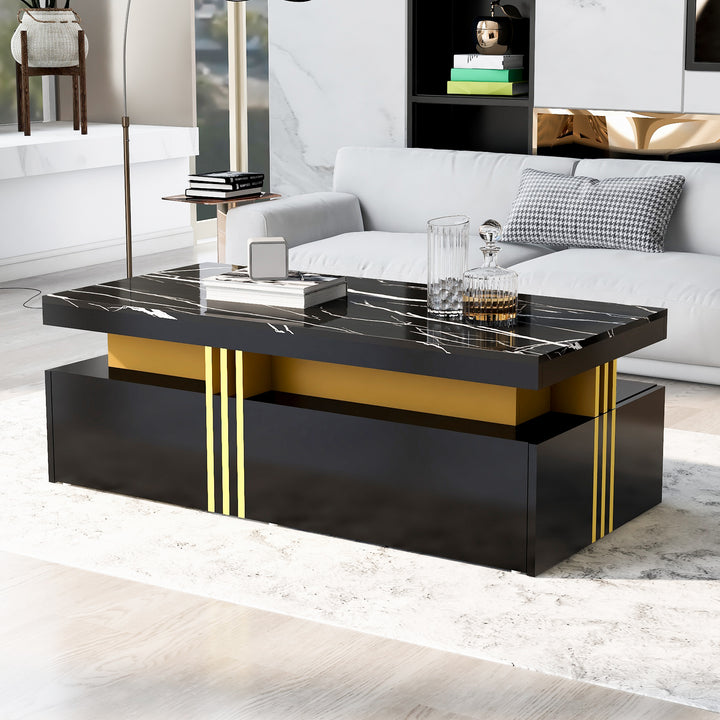 Modern black coffee table with marble-pattern top golden accents LEDGER