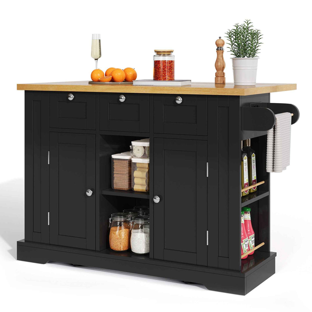 00+Kitchen Island on Wheels 132cm, Foldable Drop Leaf, MDF, Natural+Black, 3 Drawers, Spice Rack, Towel Holder, Charging Station VERTEXKORR
