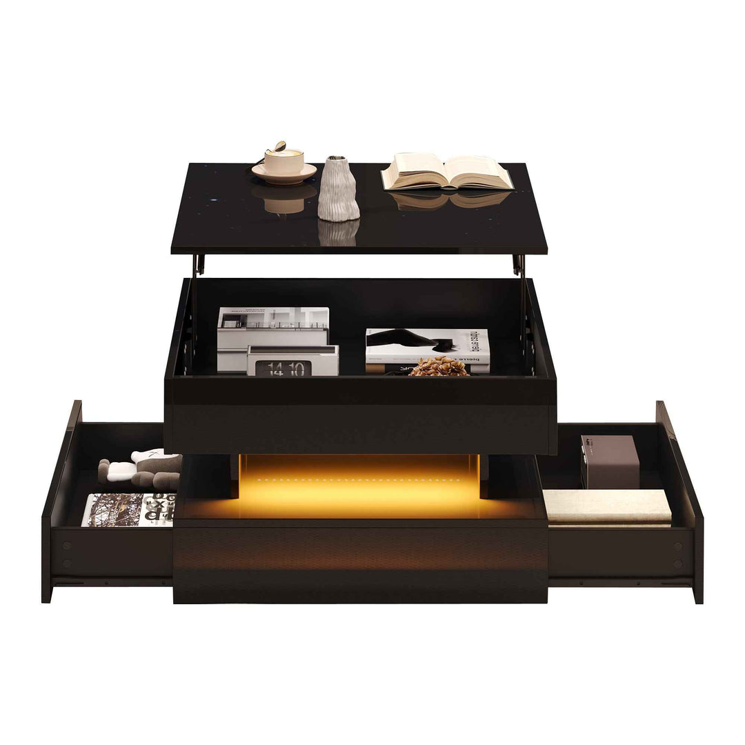 Lift top black high gloss coffee table with LED 2 drawers INFINITEMOMENTUU