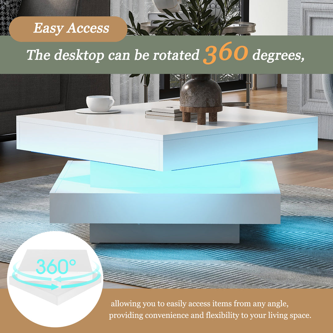 White square high gloss coffee table 360° rotating with 16-color LED light 70x70x36cm UHEX UK