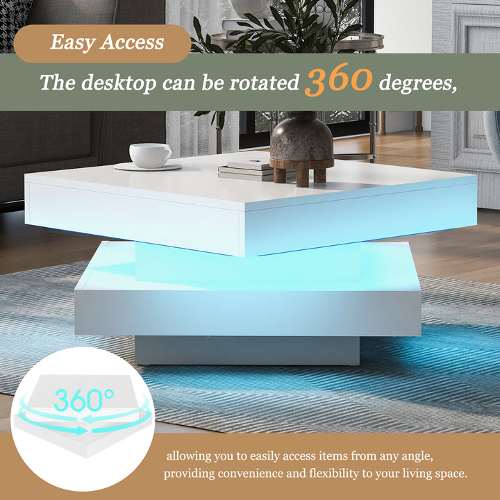 White square high gloss coffee table 360° rotating with 16-color LED light 70x70x36cm UHEX UK
