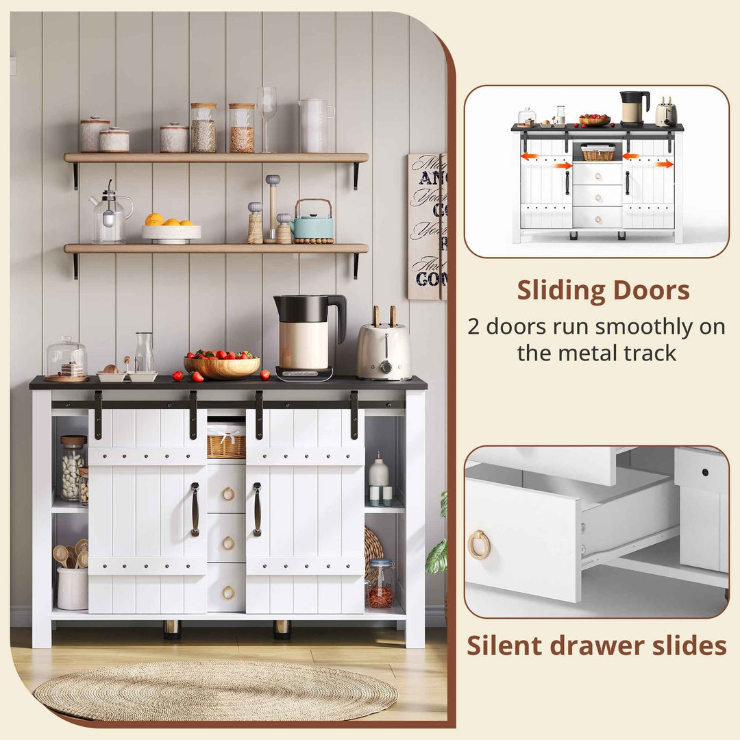 00+Sideboard Cabinet 120cm White with Sliding Doors & 3 Drawers, Rustic Storage Buffet for Kitchen VERTEXLYNX