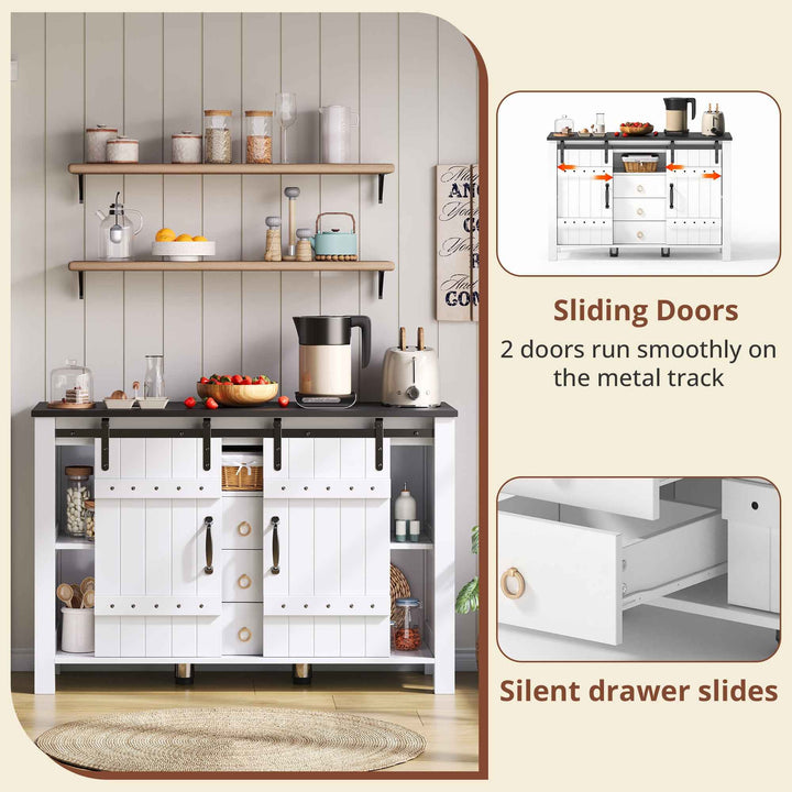 00+Sideboard Cabinet 120cm White with Sliding Doors & 3 Drawers, Rustic Storage Buffet for Kitchen VERTEXLYNX