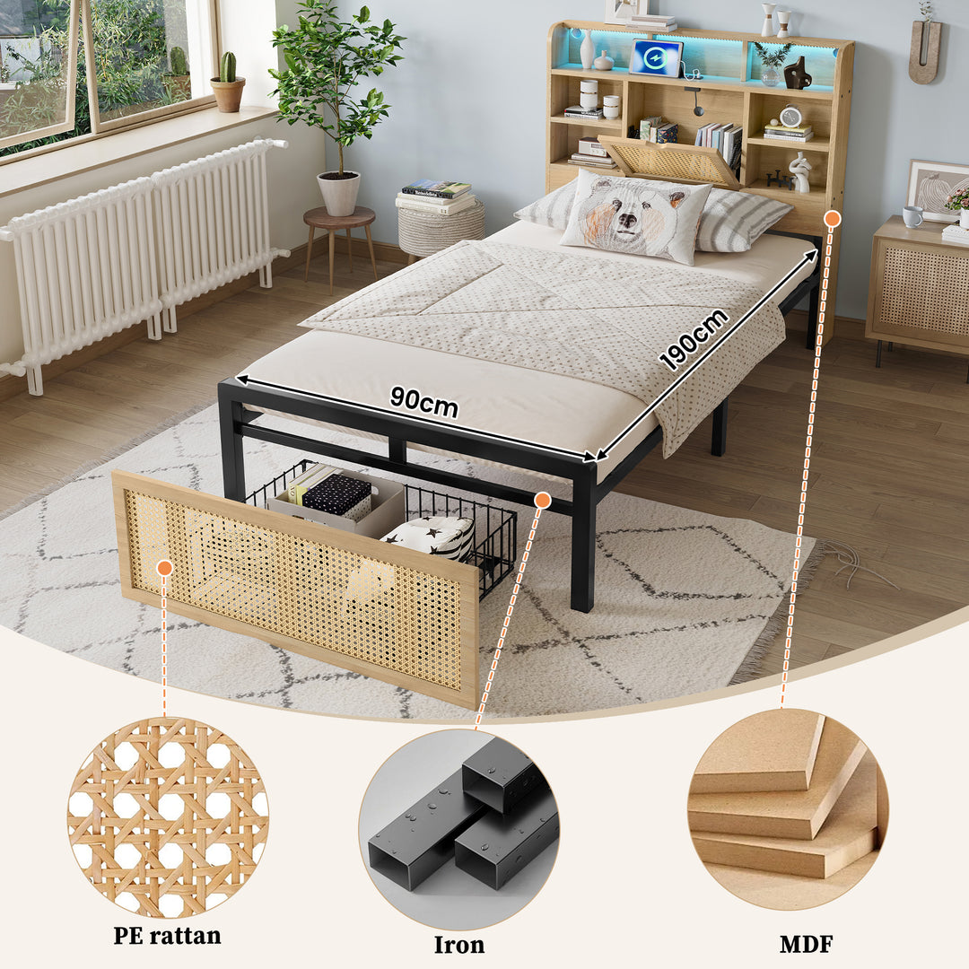 Wooden single bed with headboard storage, rattan drawer and LED lighting (90×190cm) GALLAPHID