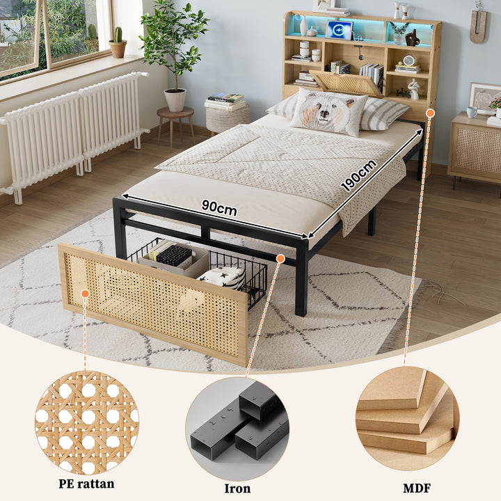 Wooden single bed with headboard storage, rattan drawer and LED lighting (90×190cm) GALLAPHID