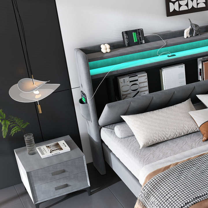 Upholstered velvet grey double bed with storage headboard, LED lighting and charging ports 135x190cm FIRNSNOW UK