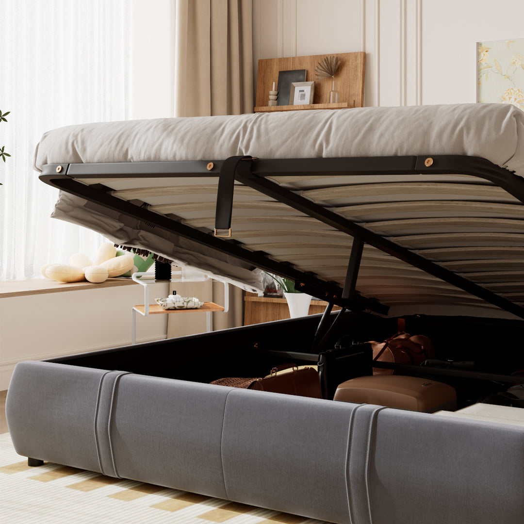 Upholstered velvet grey, hydraulic ottoman double bed with storage function 135×190cm KELPFROND