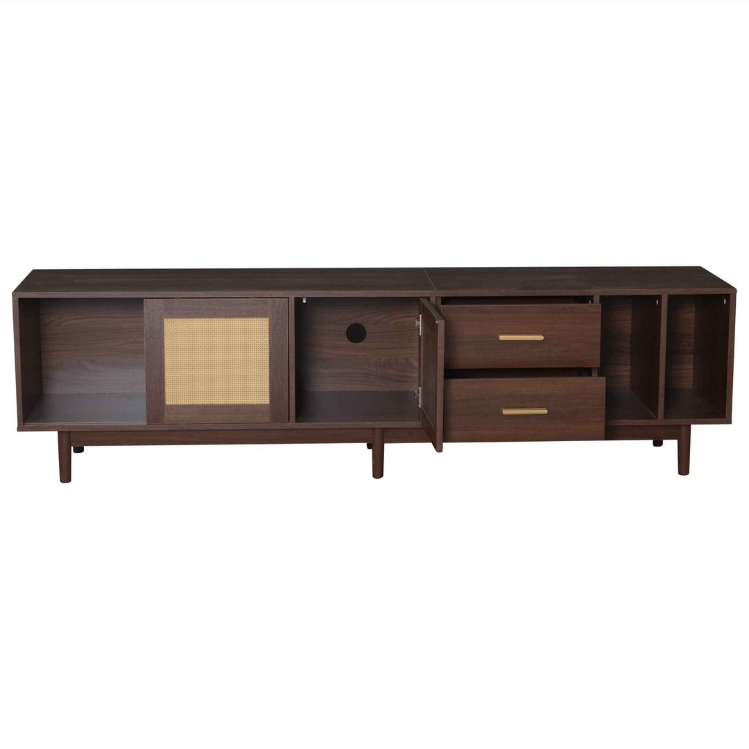TV stand dark wood vintage look with rattan sliding doors & 2 drawers  INFINITERIF