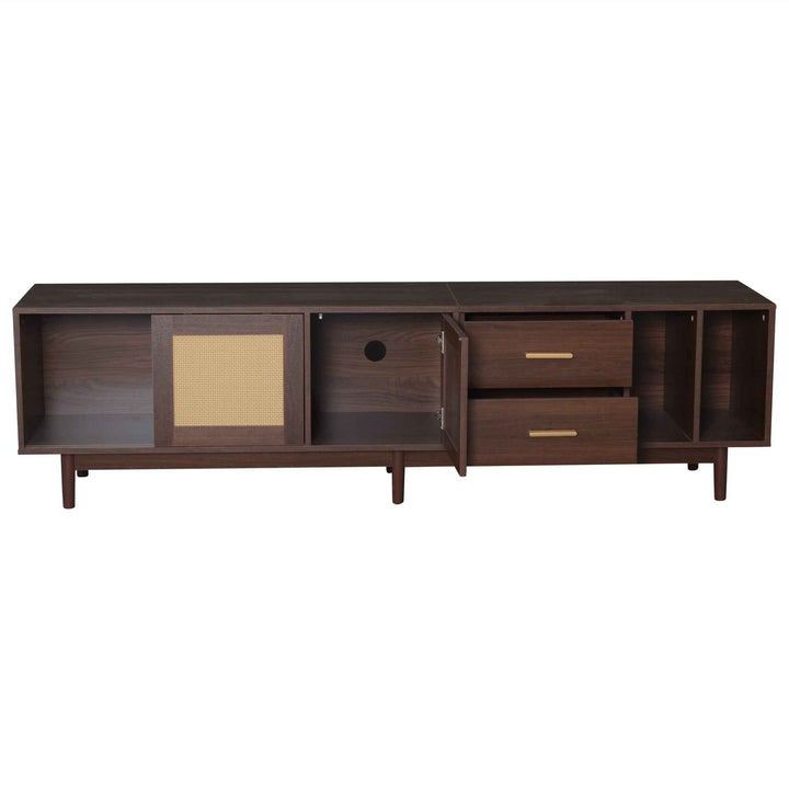 TV stand dark wood vintage look with rattan sliding doors & 2 drawers  INFINITERIF