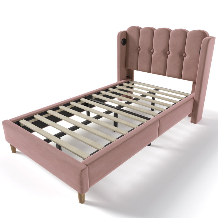 Pink velvet upholstered single divan bed frame with USB charging KRIGIED SINGLE PINK UK