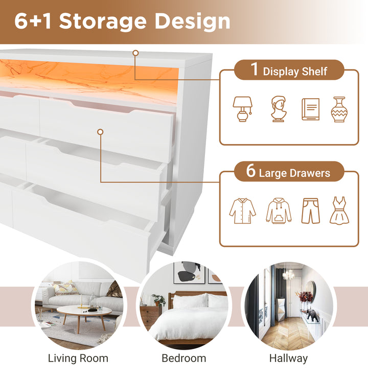White marbled look 6-drawer sideboard with LED lighting MAGNETOPAUS