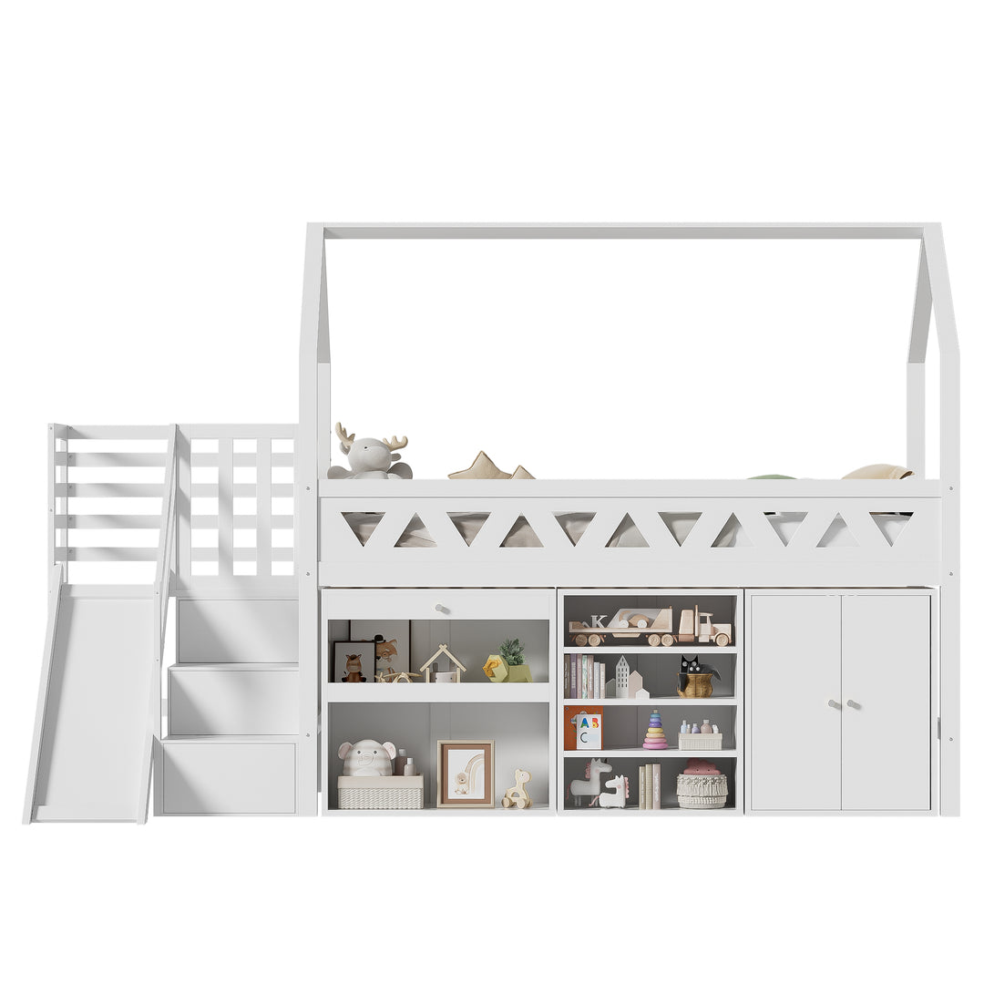 White wooden loft children single bed with slide, stairs, and storage (90x190cm) BLOOMPEAK