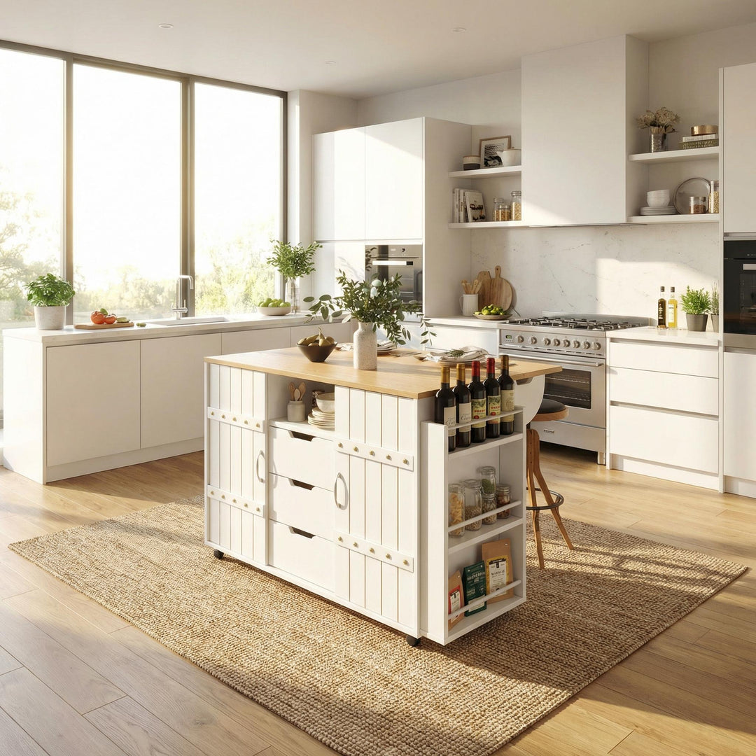 White wooden kitchen island trolley with sliding doors and fold-out worktop ASCENDAL