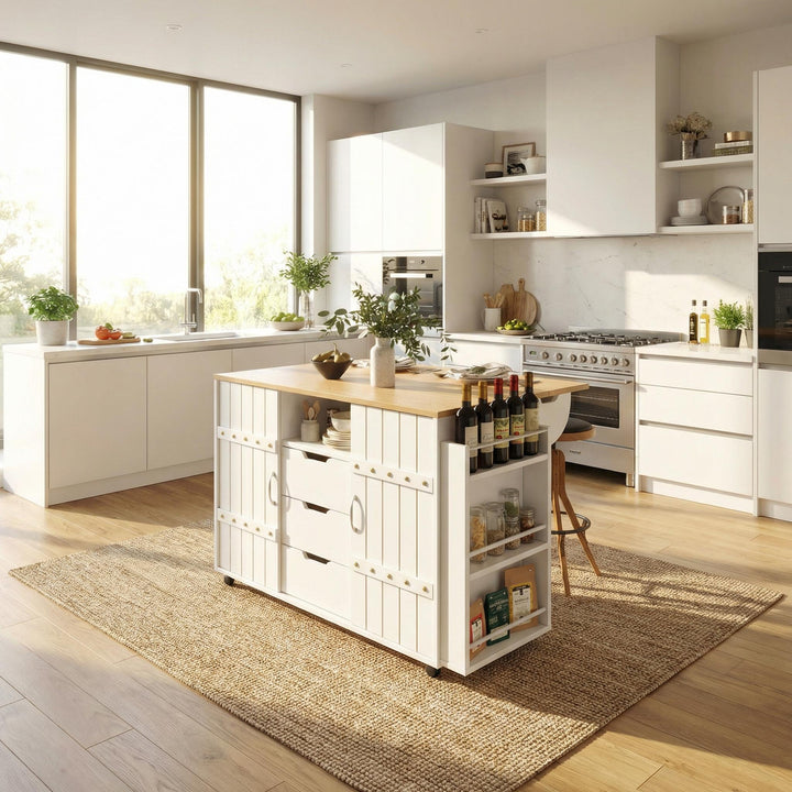 White wooden kitchen island trolley with sliding doors and fold-out worktop ASCENDAL