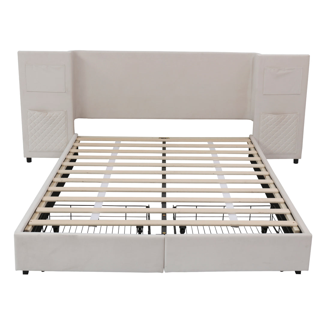 Beige velvet upholstered double bed (135×190cm) 2 drawers and storage pockets PORE