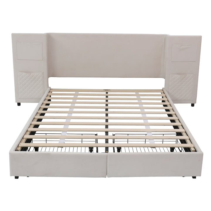 Beige velvet upholstered double bed (135×190cm) 2 drawers and storage pockets PORE
