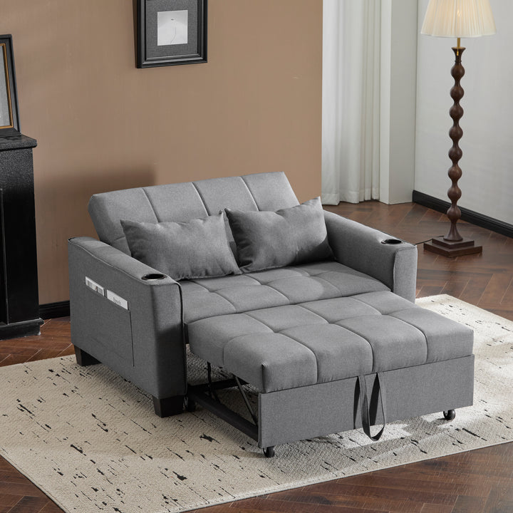 Gray fabric convertible 2-seater sofa bed pull-out design, adjustable backrest, and storage FROSTSTONE