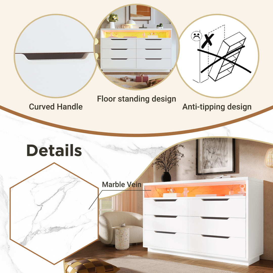 White marbled look 6-drawer sideboard with LED lighting MAGNETOPAUS