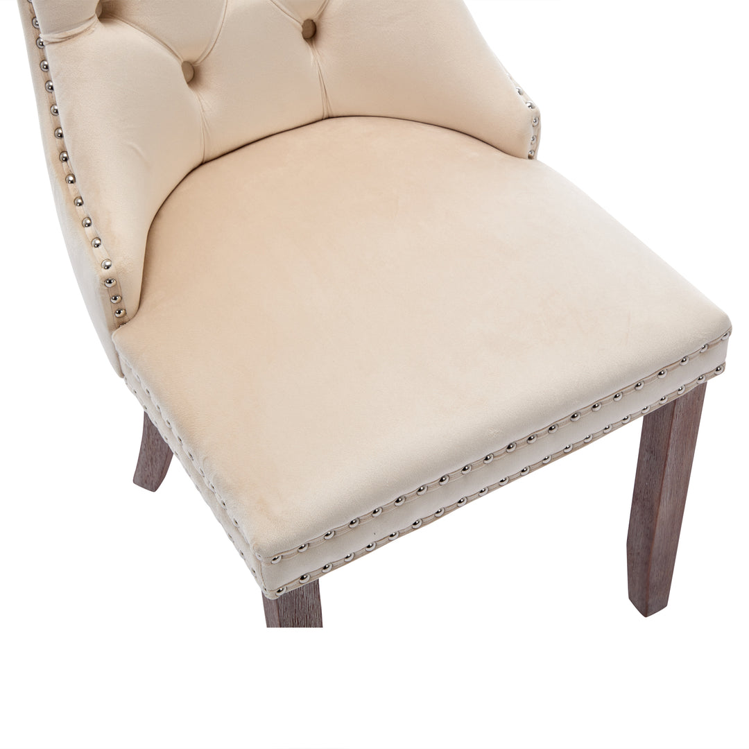 Set of 4 dining chairs velvet beige tufted with solid wood legs, nailheads and back chrome ring ELYSIUMAL