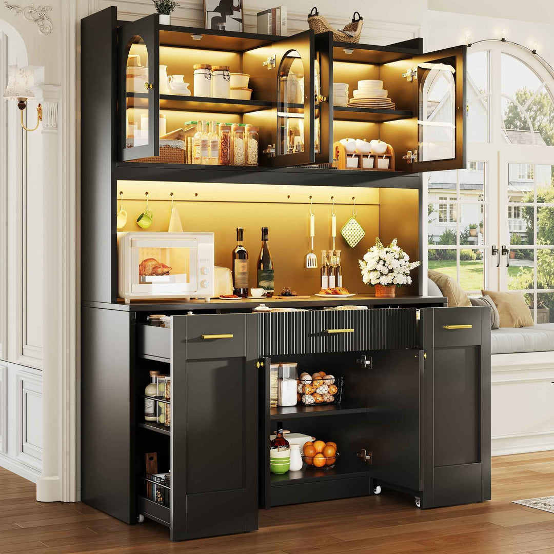Black tall kitchen hutche cabinet with RGB LED, glass display, drawers & removable shelves 120cm RACKWALNUT