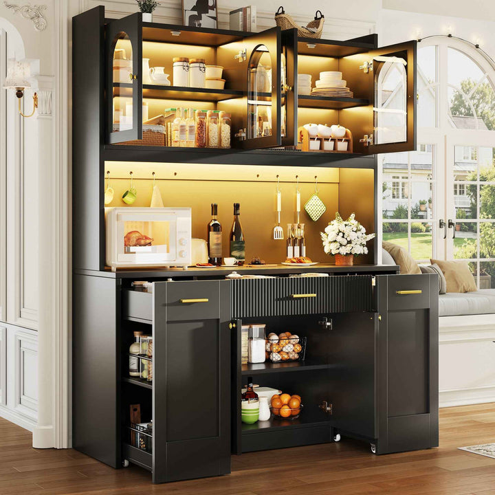 Black tall kitchen hutche cabinet with RGB LED, glass display, drawers & removable shelves 120cm RACKWALNUT