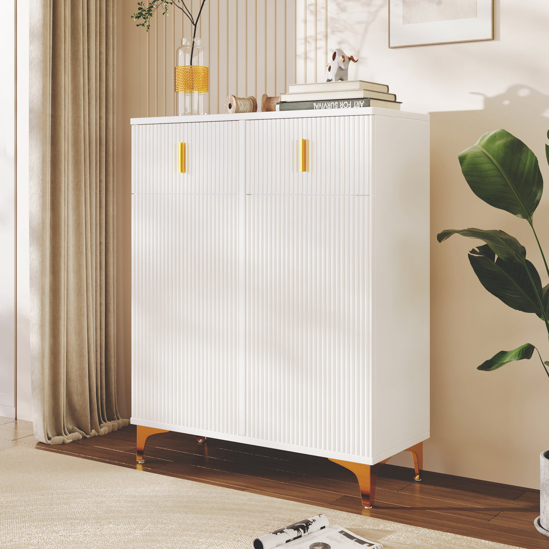 White shoe cabinet with textured panels and golden legs FERNCREST UK